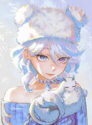  absurdres animalization bare_shoulders bead_choker blue_eyes blue_hair blue_sweater choker claude_(clauclaude) female fur_hat furina_(genshin_impact) genshin_impact hat heterochromia highres looking_at_viewer multicolored_hair neuvillette_(genshin_impact) off-shoulder_sweater off_shoulder purple_eyes ribbed_sweater short_hair smile streaked_hair sweater upper_body white_hair white_hat 