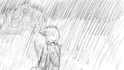  16:9 ambiguous_gender animal_crossing anthro bodily_fluids building clothed clothing crying domestic_cat dragonweirdo felid feline felis greyscale hi_res house luggage mammal monochrome nintendo olivia_(animal_crossing) raining solo storm tears walking wet widescreen 