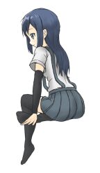  alternate_hair_color arm_support arm_warmers asashio_(kancolle) black_arm_warmers black_thighhighs blue_eyes blue_hair blush collared_shirt commentary_request doc_pep female from_behind grey_skirt kantai_collection long_hair partial_commentary pleated_skirt shirt shirt_tucked_in sidelocks simple_background sitting skirt smile solo suspenders thighhighs white_background white_shirt zettai_ryouiki 