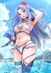  absurdres bare_shoulders bikini blue_eyes blue_hair blue_sky blush braid breasts choker fate/grand_order fate_(series) female flower gloves hair_flower hair_ornament harukey highres long_hair looking_at_viewer medea_(fate) medium_breasts navel open_mouth parted_bangs pointy_ears side_braid sidelocks sky solo swimsuit thighs white_bikini 