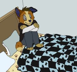  2012 aliasing anthro barefoot bed bedding black_clothing black_shirt black_topwear blanket blue_(sebdoggo) blue_eyes blue_inner_ear blue_nose bottomwear brown_body brown_fur canid canine canis checkered_blanket clothed clothing crossed_arms detailed_background digital_drawing_(artwork) digital_media_(artwork) domestic_dog eyebrows feet flat_colors fully_clothed fur furniture grey_bottomwear grey_clothing grey_pants grey_sclera herding_dog hindpaw inside low_res male mammal microsoft_paint_(artwork) mixed_breed on_bed one_ear_up pants pastoral_dog paws pillow scared sebdoggo shirt sitting sitting_on_bed solo tail tan_body tan_fur topwear trans_(lore) trans_man_(lore) welsh_corgi wide_eyed 