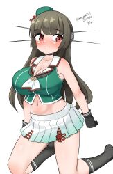  absurdres beret black_gloves black_hair black_socks breasts choukai_(kancolle) choukai_kai_ni_(kancolle) cleavage female gloves green_hat green_shirt hat headgear highres kantai_collection kneeling long_hair maru_(marg0613) no_eyewear one-hour_drawing_challenge pleated_skirt red_eyes sailor_collar school_uniform serafuku shirt skirt sleeveless sleeveless_shirt socks solo white_sailor_collar white_skirt 