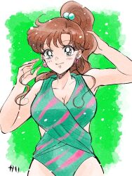  bishoujo_senshi_sailor_moon breasts brown_hair cleavage commentary criss-cross_halter earrings female green_background green_one-piece_swimsuit hair_bobbles hair_ornament halterneck high_ponytail highres jewelry karikaridaka kino_makoto long_hair looking_at_viewer one-piece_swimsuit signature solo standing swimsuit symbol-only_commentary 