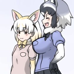  2girls acesrulez animal_ears black_hair blonde_hair blush bow bowtie breast_envy breasts brown_eyes extra_ears fennec_(kemono_friends) fox_ears from_side girl_staring_at_guy&#039;s_chest_(meme) gloves grey_hair kemono_friends kemono_friends_3 large_breasts light_smile looking_at_another looking_at_breasts looking_down meme multicolored_hair multiple_girls open_mouth raccoon_ears shirt short_hair short_sleeves skirt small_breasts smile white_hair yuri 