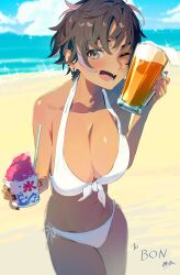  beach beer_mug bikini black_nails bon_(vtuber) breasts brown_hair cleavage cloud cup dark-skinned_female dark_skin female fish_bone_earrings food front-tie_bikini_top front-tie_top froth grey_eyes highres holding holding_cup holding_food ibaraki_shun indie_virtual_youtuber large_breasts mug multicolored_hair navel ocean oerba_yun_fang one_eye_closed pink_hair second-party_source side-tie_bikini_bottom sky solo sparkle streaked_hair swimsuit virtual_youtuber white_bikini 