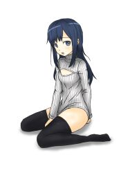  alternate_costume alternate_hair_color arm_behind_back arm_support asashio_(kancolle) between_legs black_thighhighs blue_eyes blue_hair breasts cleavage commentary_request doc_pep female from_side full_body grey_sweater hand_between_legs highres kantai_collection long_hair long_sleeves looking_at_viewer meme_attire open-chest_sweater open_mouth ribbed_sweater sidelocks simple_background sitting small_breasts solo sweater thighhighs thighs turtleneck turtleneck_sweater wariza white_background zettai_ryouiki 