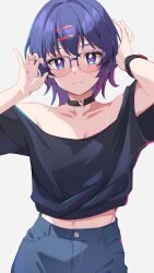  absurdres amamiya_maki_(miyama_(yakinikusushi_the_royal)) black_shirt blue_eyes blue_hair blue_pants blush breasts cleavage closed_mouth collarbone commentary_request dark_blue_hair female glasses hair_ornament hairclip heart_o-ring heart_ring_choker highres looking_at_viewer medium_hair midriff miyama_(yakinikusushi_the_royal) off-shoulder_shirt off_shoulder original over-rim_eyewear pants red_pupils semi-rimless_eyewear shirt smile solo split_mouth 