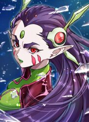 akira_ituki bodysuit commentary_request facial_mark female forehead_jewel from_side frown glass_shards green_bodysuit green_lips hair_ornament lipstick long_hair looking_at_viewer looking_to_the_side macross macross_7 makeup pale_skin parted_lips pointy_ears protodeviln purple_hair red_eyes sivil solo upper_body 