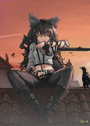  animal belt belt_boots bird black_footwear black_hair blake_belladonna boots bow breasts building cleavage commentary_request crow dusk female hairbow holding jonathan_h long_hair looking_at_viewer medium_breasts navel on_roof pants rooftop rwby signature sitting sitting_on_roof sky solo star_(sky) starry_sky sword tile_roof weapon yellow_eyes 