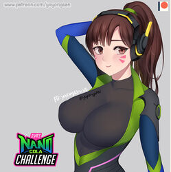  alternate_breast_size alternate_hairstyle arm_at_side arm_behind_head bad_id bad_pixiv_id black_bodysuit bodysuit breasts brown_eyes brown_hair closed_mouth covered_collarbone d.va_(overwatch) eyelashes facepaint facial_mark female grey_background headphones high_collar impossible_bodysuit impossible_clothes large_breasts long_hair looking_at_viewer nano_cola_d.va official_alternate_costume overwatch overwatch_1 patreon_username photoshop_(medium) pilot_suit ponytail ribbed_bodysuit science_fiction shoulder_pads simple_background skin_tight smile solo twitter_username upper_body whisker_markings yoyongsan 