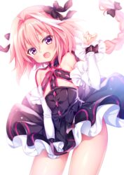  1boy :d astolfo_(fate) black_dress blush braid commentary_request cosplay detached_sleeves dress elizabeth_bathory_(fate) elizabeth_bathory_(fate/extra_ccc) elizabeth_bathory_(fate/extra_ccc)_(cosplay) elizabeth_bathory_(first_ascension)_(fate) elizabeth_bathory_(first_ascension)_(fate)_(cosplay) fate/apocrypha fate/extra fate/extra_ccc fate_(series) hair_ribbon layered_dress long_hair looking_at_viewer male_focus mitsuba_choco oerba_yun_fang ookubo_rumi open_mouth otoko_no_ko pink_hair purple_eyes ribbon single_braid smile solo tears voice_actor_connection white_background wrist_cuffs 