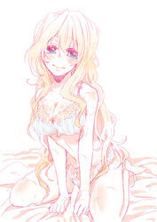  bad_id bad_pixiv_id blonde_hair blue_eyes blush bra breasts cleavage female hjm kyoukaisenjou_no_horizon large_breasts long_hair mary_stuart panties scar smile solo underwear very_long_hair 