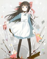  absurdres aya_drevis black_hair blood blue_eyes bow chainsaw commentary_request doll female hairbow highres hiite-usagi letter long_hair mad_father pantyhose rabbit smile snowball_(mad_father) solo weapon 