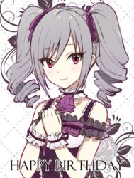  ascot blush collar collarbone commentary_request dress drill_hair female floral_print frilled_collar frills grey_hair haikimono_shounen hair_ribbon happy_birthday idolmaster idolmaster_cinderella_girls kanzaki_ranko leaf_print lolita_fashion long_hair looking_at_viewer own_hands_together purple_ascot purple_dress purple_ribbon red_eyes ribbon rose_print smile solo swept_bangs twin_drills twintails wrist_cuffs 