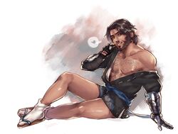  1boy beard body_hair brown_hair facial_hair francishsie full_body male_focus mccree_(overwatch) overwatch sitting socks 