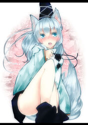  animal_ears blue_eyes blush commentary_request female grey_hair hat highres kagu_(a_hazy_moon) kemonomimi_mode letterboxed long_hair mononobe_no_futo open_mouth ponytail solo tail tate_eboshi touhou 