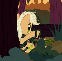  2018 applejack_(mlp) badumsquish blonde_hair bound equid equine female feral forest friendship_is_magic green_eyes hair hasbro hi_res horse long_tongue looking_at_viewer looking_back mammal mean_applejack_(mlp) messy_hair my_little_pony plant pony sitting solo tatzlpony tatzlwurm tentacle tentacle_tongue tongue tree 