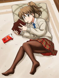  blue_necktie blush book brown_eyes brown_hair brown_pantyhose commentary crotch_seam dress_shirt eating female food holding lielos long_hair long_sleeves looking_at_viewer lying miniskirt necktie no_shoes on_side original panties panties_under_pantyhose pantyhose pantyshot pillow plaid plaid_skirt pleated_skirt pocky poniko_(lielos) ponytail reading school_uniform shirt skirt solo sweater_vest underwear white_shirt 