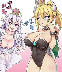  &gt;:) 2girls :p abs absurdres armlet black_leotard black_nails blonde_hair blue_eyes bowsette bracelet breasts chest_jewel cleavage collar collarbone commentary covered_navel crown curvy double_v dress frilled_dress frilled_gloves frills garter_straps gem gloves hair_between_eyes highres hip_focus horns jewelry large_breasts leaning_forward leotard looking_at_another luigi&#039;s_mansion mario_(series) multiple_girls nail_polish new_super_mario_bros._u_deluxe pointy_ears ponytail princess_king_boo purple_eyes ranking scratching_cheek sparkle spiked_armlet spiked_bracelet spiked_collar spiked_shell spiked_tail spikes strapless strapless_leotard super_crown tail thighhighs togin tongue tongue_out turtle_shell v v-shaped_eyebrows white_dress white_gloves white_hair white_thighhighs 