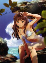  arm_up bikini brown_eyes brown_hair day i&quot;s katsura_masakazu leaning_forward long_hair long_legs looking_at_viewer navel ocean official_art outdoors parted_lips sitting solo swimsuit white_bikini yoshizuki_iori 