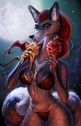  anthro black_nose bra canid canine claws clothed clothing dessert eyelashes fangs female food fox full_moon hair halloween hi_res holding_object holidays ice_cream ice_cream_cone lenika licking lingerie long_hair looking_at_viewer mammal moon navel night outside panties red_eyes red_hair sky solo standing star starry_sky teeth tongue tongue_out underwear vampire vermillion 