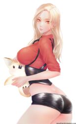  bad_deviantart_id bad_id bird blonde_hair breasts butt_crack corset cowboy_shot female from_side highres large_breasts long_hair looking_at_viewer looking_to_the_side mabinogi mabinogi_heroes original parted_lips player_character_(mabinogi_heroes) red_eyes short_shorts shorts sleeves_rolled_up smile tasselcat transparent_background underbust watermark 