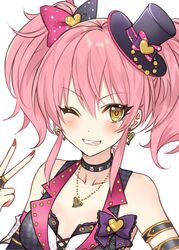  armband black_vest blush bow breasts collar collarbone commentary earrings eyelashes female grin haikimono_shounen hair_between_eyes hairbow hat heart heart_earrings idolmaster idolmaster_cinderella_girls jewelry jougasaki_mika long_hair looking_at_viewer medium_breasts mini_hat nail_polish necklace pink_hair pink_nails sidelocks simple_background smile solo twintails v vest white_background yellow_eyes 