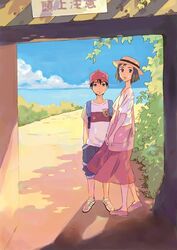  1boy bag baseball_cap black_hair cloud day dress female hat kamisama_ga_uso_o_tsuku looking_at_viewer nanao_natsuru ocean outdoors ozaki_kaori short_hair shorts sign suzumura_rio 