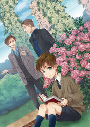  3boys akuta_michi animification bad_id bad_pixiv_id blue_eyes book brown_hair bush charles_xavier dutch_angle fingernails flower lolicon magneto male_focus marvel multiple_boys photoshop_(medium) reading rose x-men x-men:_first_class 