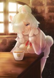  absurdres alpaca_ears alpaca_suri_(kemono_friends) animal_ears bent_over blonde_hair boots breast_rest breasts closed_mouth colored_eyelashes commentary_request cup eyelashes female fur-trimmed_sleeves fur_collar fur_trim hair_bun hair_over_one_eye hair_ribbon highres holding holding_cup indoors japari_symbol kemono_friends large_breasts leaning_forward long_sleeves looking_at_viewer naughty_face neck_ribbon pantyhose pantyhose_under_shorts print_cup purple_eyes ribbon shimotsukishin shirt short_hair shorts single_hair_bun smile solo standing sweater_vest tail tareme tea teacup tress_ribbon vest white_pantyhose white_ribbon white_sweater_vest window wooden_floor 