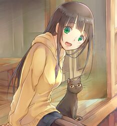  :d animal arm_support black_cat black_hair black_pantyhose blunt_bangs blush chito_(flying_witch) commentary_request feline female flying_witch green_eyes hana_(hanashima) hood hoodie kowata_makoto long_hair long_sleeves looking_at_viewer open_mouth pantyhose shorts sidelocks sitting smile solo straight_hair table wooden_floor yellow_hoodie 