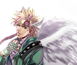  1boy bad_id bad_pixiv_id blonde_hair caesar_anthonio_zeppeli facial_mark feather_hair_ornament feathers fingerless_gloves gloves green_eyes green_jacket hair_ornament headband jacket jojo_no_kimyou_na_bouken kanmuri_(cloud-ff7) male_focus photoshop_(medium) scarf solo wings 