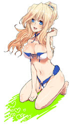  bad_id bad_pixiv_id bandeau bikini blonde_hair blue_eyes body_blush breasts cleavage female hjm kneeling kyoukaisenjou_no_horizon large_breasts long_hair mary_stuart navel open_mouth ponytail scar shiny_skin smile solo swimsuit white_bikini 