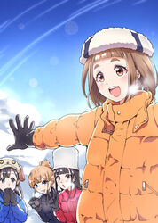  4girls :d :o animal_ears animal_hat antarctica black_hair blunt_bangs blush bowl_cut breath brown_eyes brown_hair coat cold commentary covering_own_mouth day dog_ears dog_hat eyebrows fake_animal_ears fur_hat gloves green_eyes grey_hair hat kobuchizawa_shirase lens_flare long_hair looking_at_viewer miyake_hinata multiple_girls open_mouth outdoors outstretched_arm round_teeth sakayama_shinta shiraishi_yuzuki sky smile snow sora_yori_mo_tooi_basho tamaki_mari teeth upper_body ushanka v video_camera winter_clothes winter_coat 