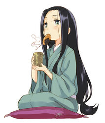  anrakutei_kukuru bad_id bad_tumblr_id banned_artist black_hair cup food japanese_clothes joshiraku long_hair mouth_hold pillow seiza senbei simple_background sitting solo steam white_background yuu_(warm_water) 