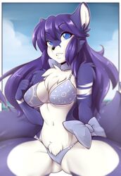  2017 anthro big_breasts bikini blue_body blue_eyes blue_fur blue_hair bra breasts canid canine canis clothed clothing cloud digital_media_(artwork) exposure_variation female front_view fur hair long_hair lucia_(grey_wolf_570) mammal navel ribbons sky small_waist solo spread_legs spreading suelix swimwear teeth tuft underwear white_body white_fur wolf 