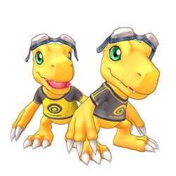  3d agumon aiba_ami aiba_ami_(cosplay) aiba_takumi aiba_takumi_(cosplay) black_shirt cel_shading claws clothes_writing cosplay creature digimon digimon_(creature) digimon_story:_cyber_sleuth game_model goggles goggles_on_head green_eyes no_humans official_art open_mouth photoshop_(medium) print_shirt raglan_sleeves shirt simple_background teeth tongue yellow_shirt 