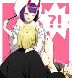  !? 1boy blonde_hair blush commentary_request fate/grand_order fate_(series) female from_behind hood horns japanese_clothes kaidou_j1 kimono nude oni purple_eyes purple_hair sakata_kintoki_(fate) short_hair shuten_douji_(fate) skin-covered_horns sunglasses sweatdrop twitter_username uchikake wataboushi 