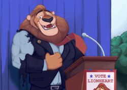  4_fingers anthro biceps big_muscles black_nose brown_eyes brown_hair clothed clothing disney electronics english_text felid fingers flexing hair hi_res lectern leodore_lionheart lion male mammal mane microphone muscular muscular_anthro muscular_male necktie open_mouth open_smile pantherine smile solo spectral-bat suit teeth text torn_clothing triceps whiskers zootopia 