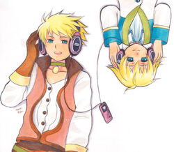  2boys aged_down blonde_hair choker commentary_request digital_media_player dual_persona fio-mama gloves green_choker green_eyes guy_cecil headphones listening_to_music lolicon male_focus multiple_boys photoshop_(medium) rotational_symmetry sennheiser shared_headphones sharing tales_of_(series) tales_of_the_abyss white_background 