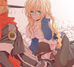  1boy bad_id bad_pixiv_id blonde_hair blue_eyes blush bodysuit breasts cleavage couple cowgirl_position female front-seamed_legwear hands_on_another&#039;s_chest hjm huge_breasts kyoukaisenjou_no_horizon long_hair mary_stuart mask pantyhose scar scarf seamed_legwear straight tenzou_crossunite 