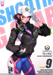  acronym alternate_hairstyle animal_print artist_name artstation_username baseball_cap blue_bodysuit bodysuit breasts brown_eyes brown_hair character_name closed_mouth clothes_writing commentary copyright_name cowboy_shot d.va_(overwatch) dated dirty dirty_face emblem english_commentary eyebrows eyelashes facepaint facial_mark female gumroad_username hand_on_headwear hat headphones headphones_around_neck heart high_collar jacket lenn_sparrow logo long_hair looking_at_viewer medium_breasts nose overwatch overwatch_1 patreon_username pilot_suit pink_lips ponytail rabbit_print ribbed_bodysuit science_fiction september shooting_star_d.va skin_tight smile solo swept_bangs twitter_username watermark web_address youtube_username zipper zipper_pull_tab 