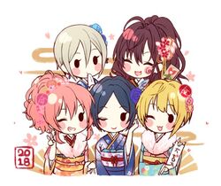  2018 5girls ahoge asymmetrical_hair blonde_hair blue_hair blue_kimono blush_stickers brown_hair chibi closed_eyes commentary_request earrings eating feathers flower fur_trim grey_hair grin haikimono_shounen hair_between_eyes hair_flower hair_ornament hair_ribbon hand_up hayami_kanade heart ichinose_shiki idolmaster idolmaster_cinderella_girls idolmaster_cinderella_girls_starlight_stage japanese_clothes jewelry jougasaki_mika kimono lipps_(idolmaster) long_hair miyamoto_frederica multiple_girls obi one_eye_closed open_mouth paddle parted_bangs pink_hair pink_kimono ponytail red_kimono ribbon sash shiomi_syuko short_hair sidelocks smile v wavy_hair white_background 