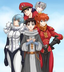  2boys 3girls adepta_sororitas aqua_hair armor ayanami_rei beads black_gloves blue_eyes brown_eyes commentary commissar corset crossover fleur-de-lis flick-the-thief gloves grey_hair grey_robe ikari_shinji inquisition_(warhammer) katsuragi_misato looking_at_another looking_at_viewer multiple_boys multiple_girls nagisa_kaworu neon_genesis_evangelion orange_hair power_armor purple_hair red_armor red_eyes robe skull slaanesh slaanesh_(symbol) souryuu_asuka_langley tabard twintails warhammer_40k white_armor 