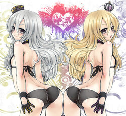  2girls ass bare_shoulders bikini black_bikini blonde_hair commentary_request crown exela_(summon_night) gloves grey_hair hat heart ichinose_natsuki long_hair mini_hat mini_top_hat multiple_girls purple_eyes summon_night summon_night_5 swimsuit top_hat veloce_(summon_night) 