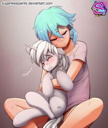  blue_eyes blue_hair closed_eyes conditional_dnp crossover cuddling duo equid equine fan_character female hair hasbro hi_res horn hug human male mammal my_little_pony mythological_creature mythological_equine mythology shino_asada silver_sickle_(oc) smile sugarlesspaints sword_art_online text unicorn url 