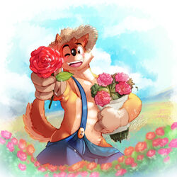  1:1 2015 4_fingers abs anthro black_nose blush bouquet brown_eyes canid canine canis clothing fingers flower fur gloves handwear hat headgear headwear hi_res holding_flower holding_object holidays looking_at_viewer low-riding male mammal muscular muscular_anthro muscular_male offering_to_viewer one_eye_closed open_mouth open_smile overalls pecs piti_yindee plant signature sky smile solo straw_hat tan_body tan_fur valentine&#039;s_day wink wolf wuffle wuffle_(webcomic) 