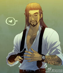  1boy beard black_hair facial_hair francishsie hanzo_(overwatch) male_focus open_shirt overwatch smile solo_focus tattoo undressing 