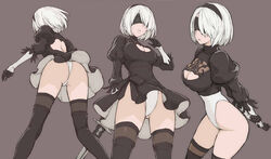  2b_(nier:automata) ass black_blindfold black_dress black_footwear black_gloves black_thighhighs blindfold boots breasts cleavage cleavage_cutout clothing_cutout commentary_request covered_eyes dress female gloves hairband large_breasts leotard leotard_peek leotard_shot long_sleeves mole mole_under_mouth morisawa_haruyuki multiple_views nier:automata nier_(series) no_pants puffy_sleeves short_dress short_hair simple_background sword thigh_boots thighhighs upskirt weapon white_hair white_leotard 