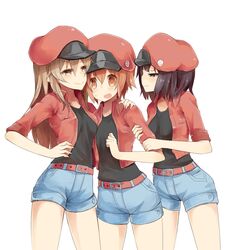  3girls aa-5100 ae-3803 arashiya arm_grab belt black_shirt cabbie_hat commentary_request girl_sandwich hand_on_another&#039;s_shoulder hat hataraku_saibou highres jacket multiple_girls nt-4201 pout red_blood_cell_(hataraku_saibou) red_hair red_jacket sandwiched shirt smile 